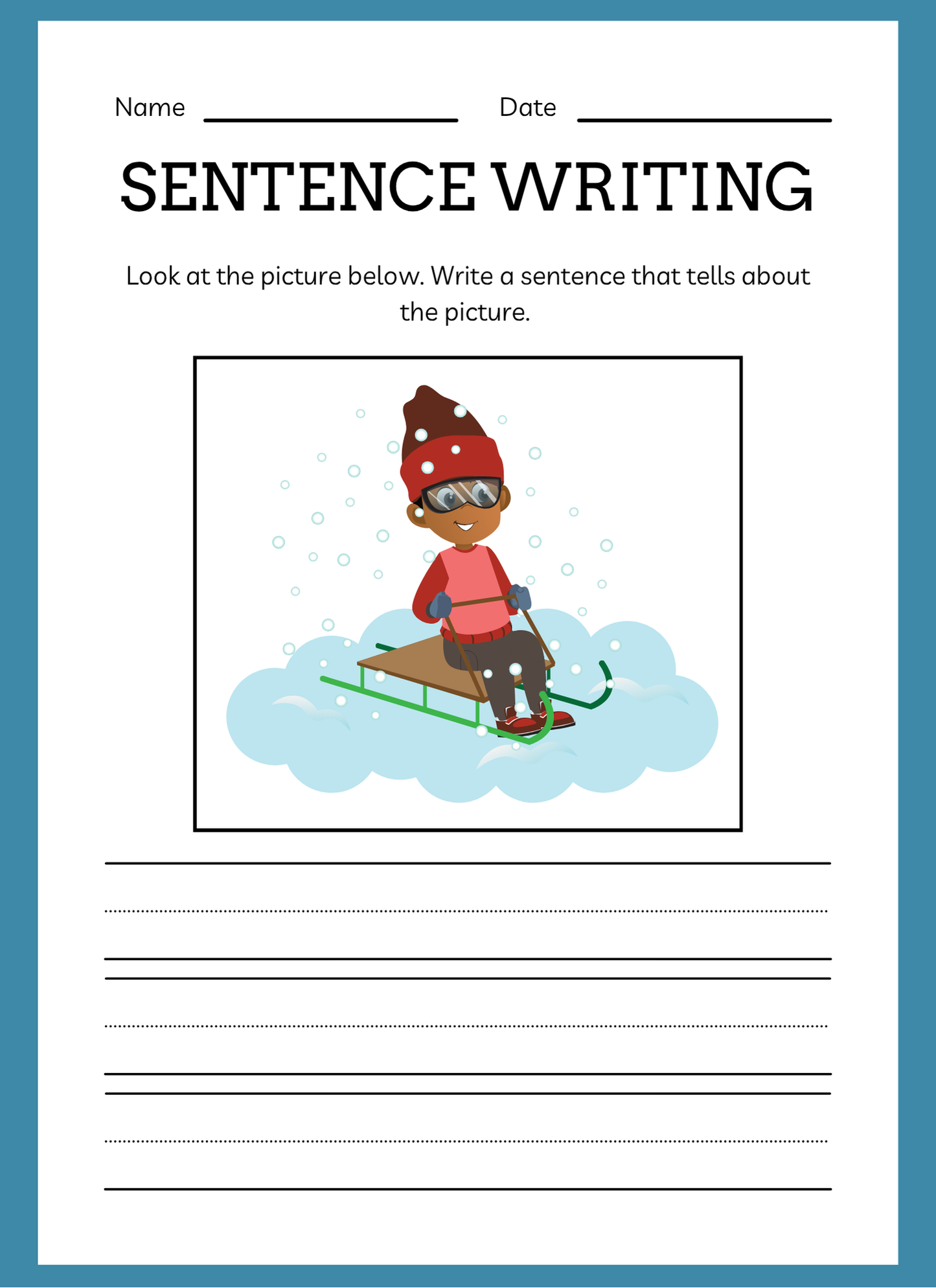 Sentence writing worksheet with a cartoon character on a sled, blue border, and text prompts.