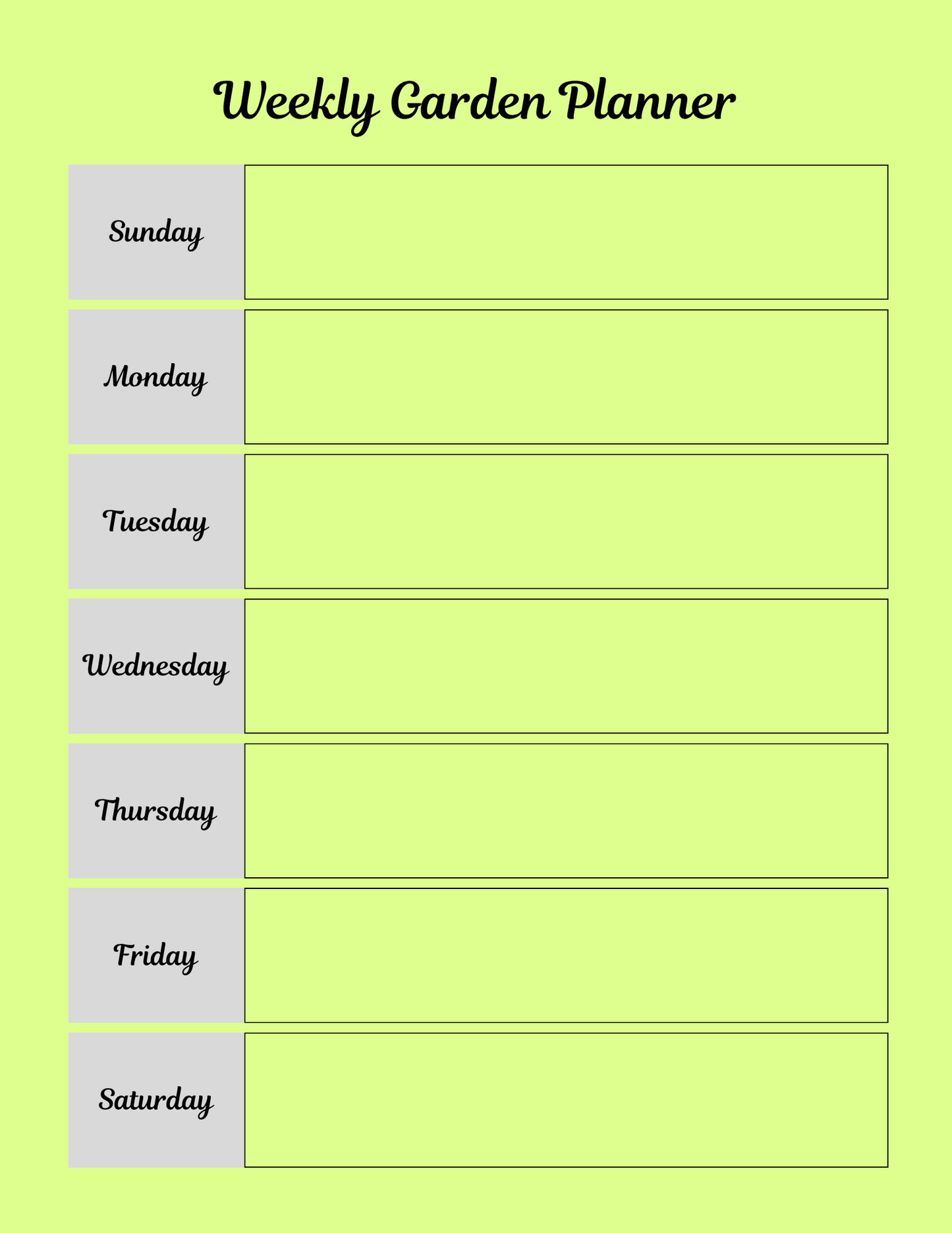 Weekly garden planner with days of the week on a light green background