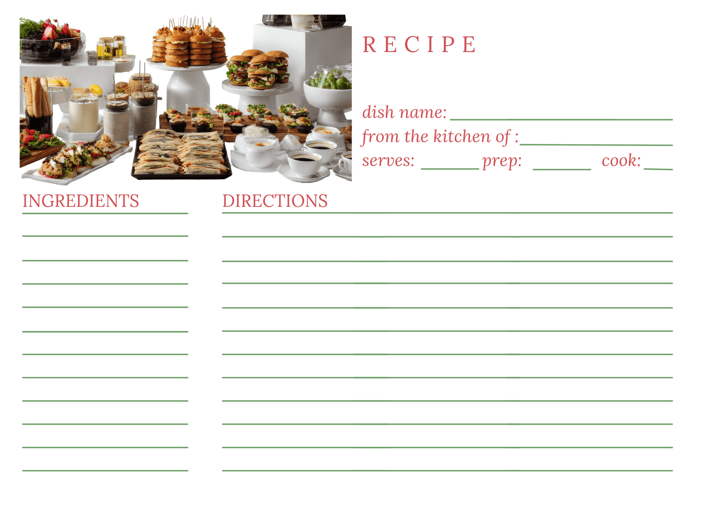 Blank recipe card with a photo of a buffet setup at the top