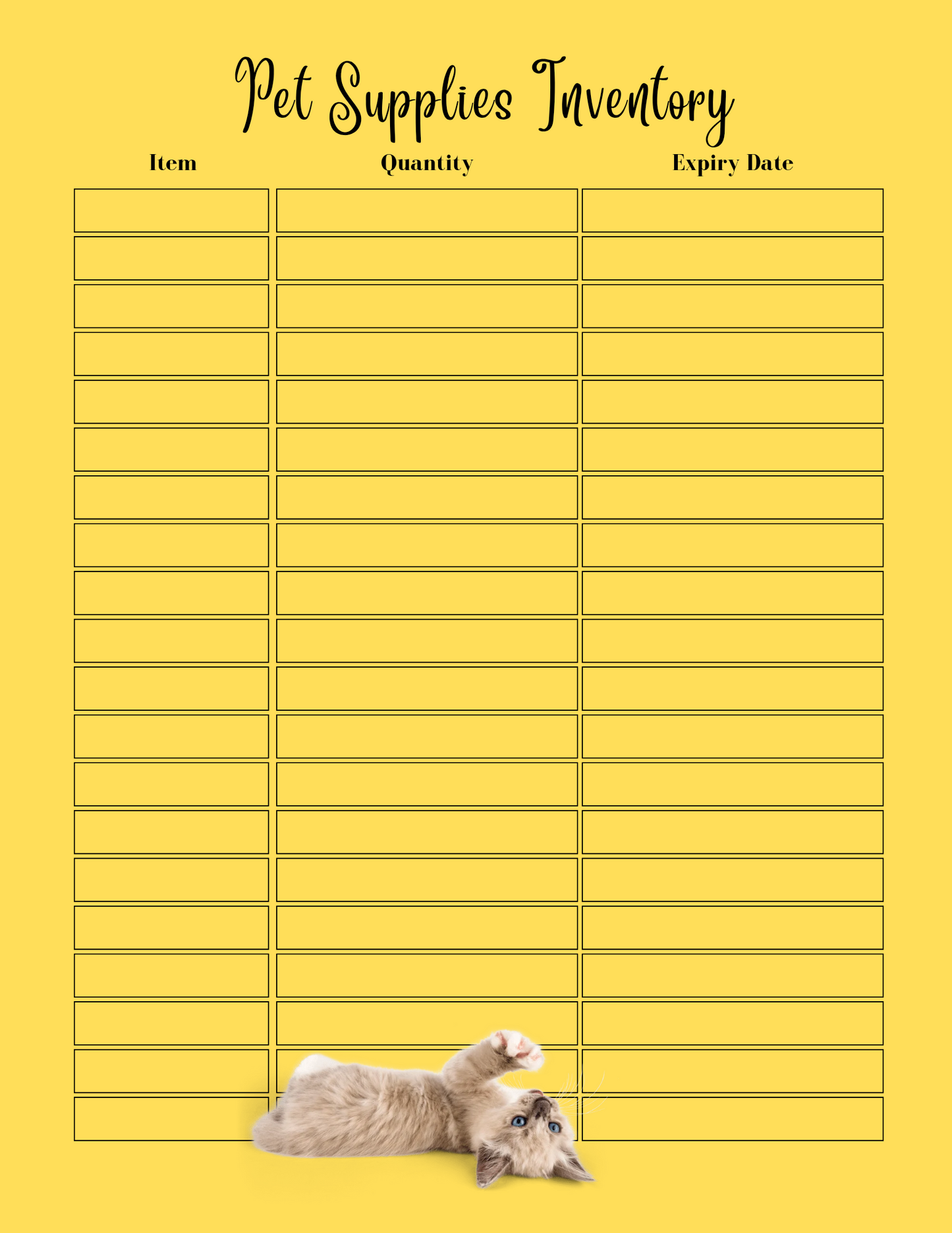 Pet Supplies Inventory form with a yellow background and a small dog at the bottom.