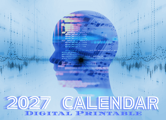 2027 digital printable calendar with a blue-toned head and code design.