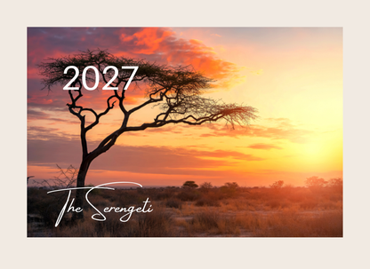2027 calendar cover with the sun setting on the Serengeti.