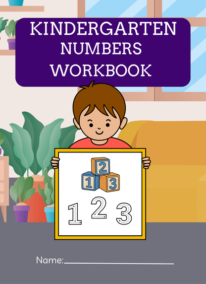 Kindergarten Numbers Workbook cover with a child holding number blocks in a classroom setting.
