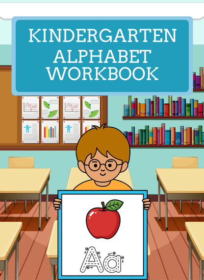 Kindergarten alphabet workbook cover with a child holding an apple and letter A poster in a classroom setting.