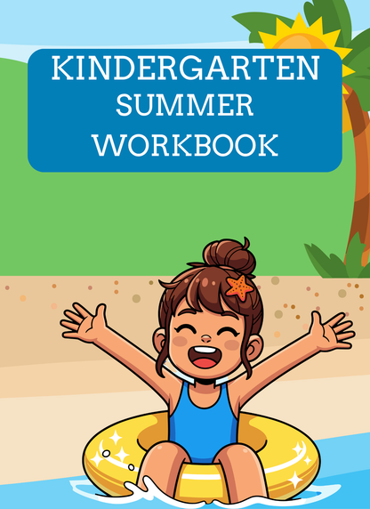 Kindergarten summer workbook cover with a child on an inflatable ring at the beach.