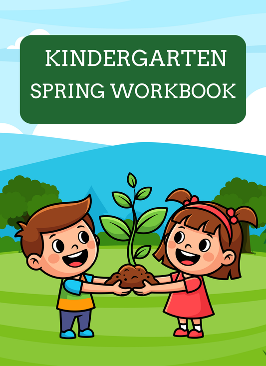 Kindergarten spring workbook cover with two children holding a plant in a scenic background