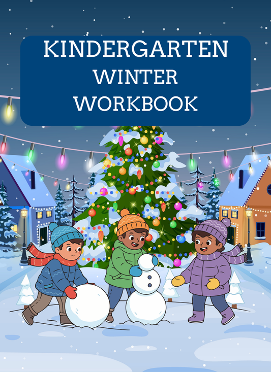 Kindergarten winter workbook cover with children making a snowman in a snowy village scene.