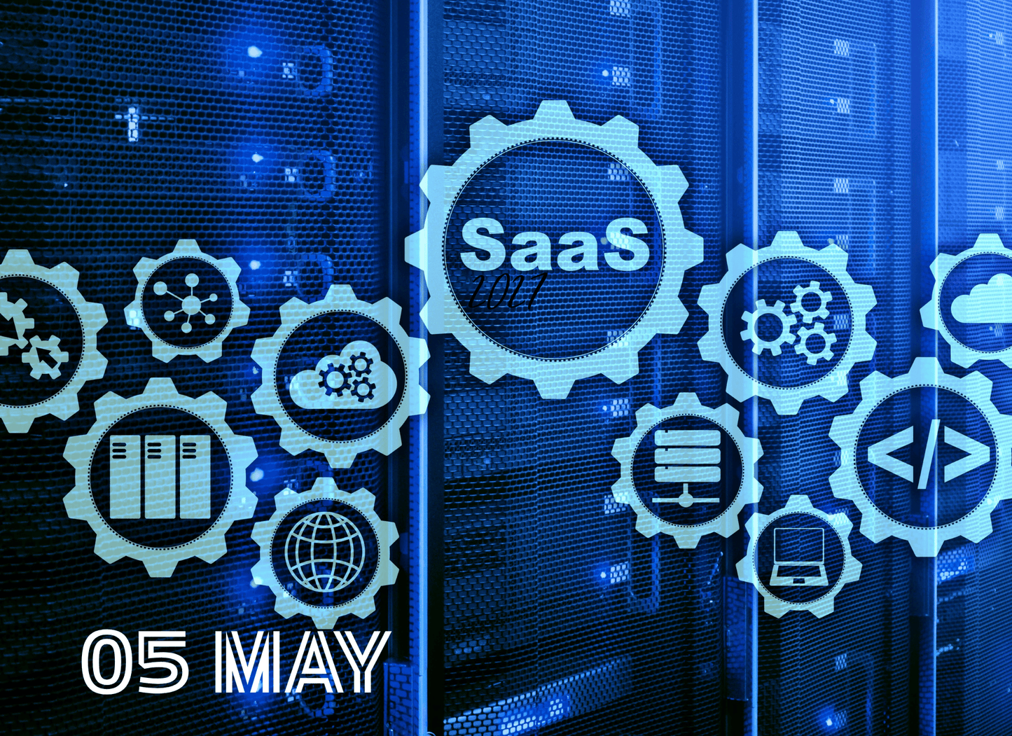 Blue gears with SaaS logo and technical icons on a digital background