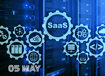 Blue gears with SaaS logo and technical icons on a digital background