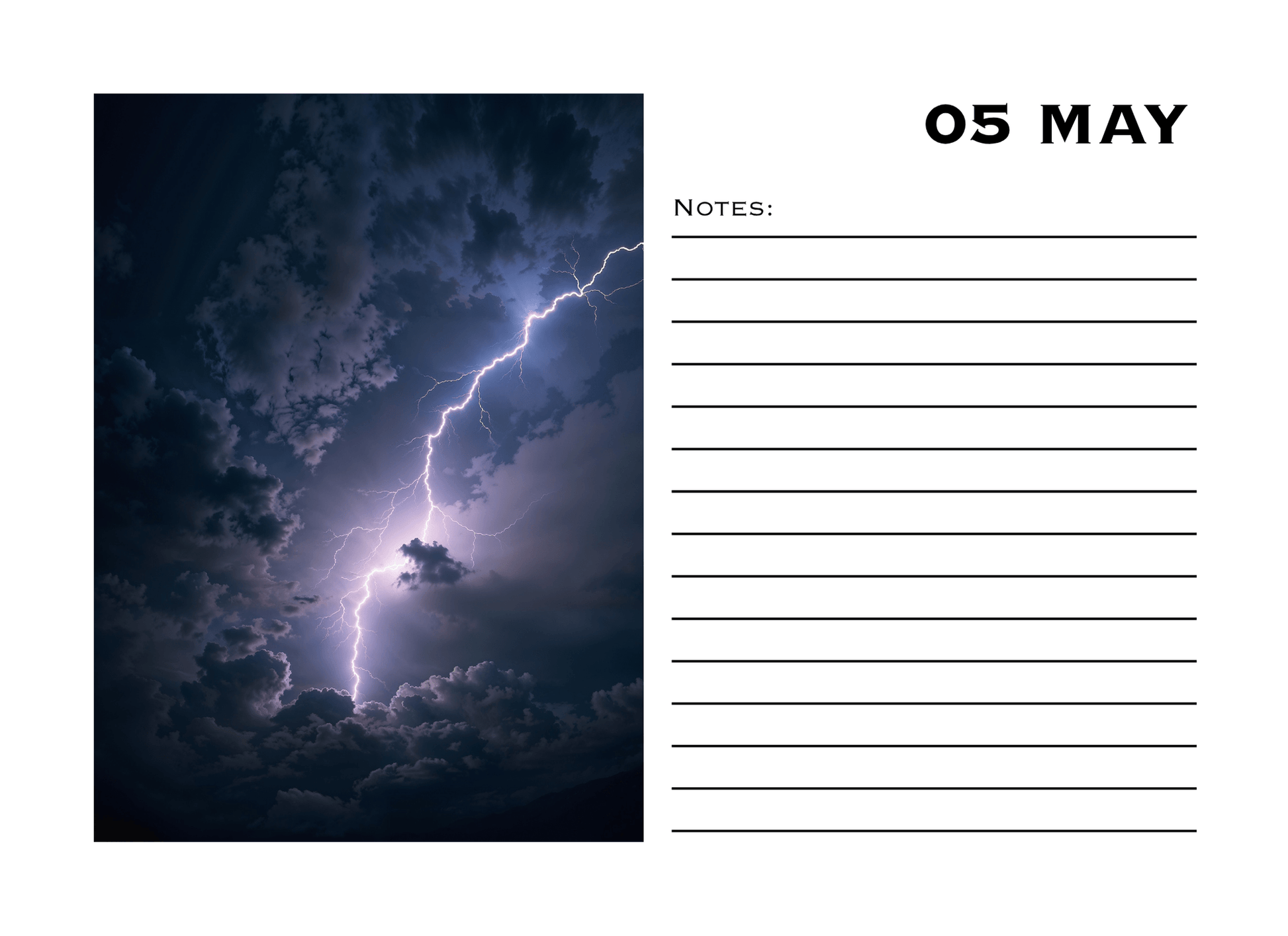 Notebook page with a lightning strike on a dark sky and '05 May' text.