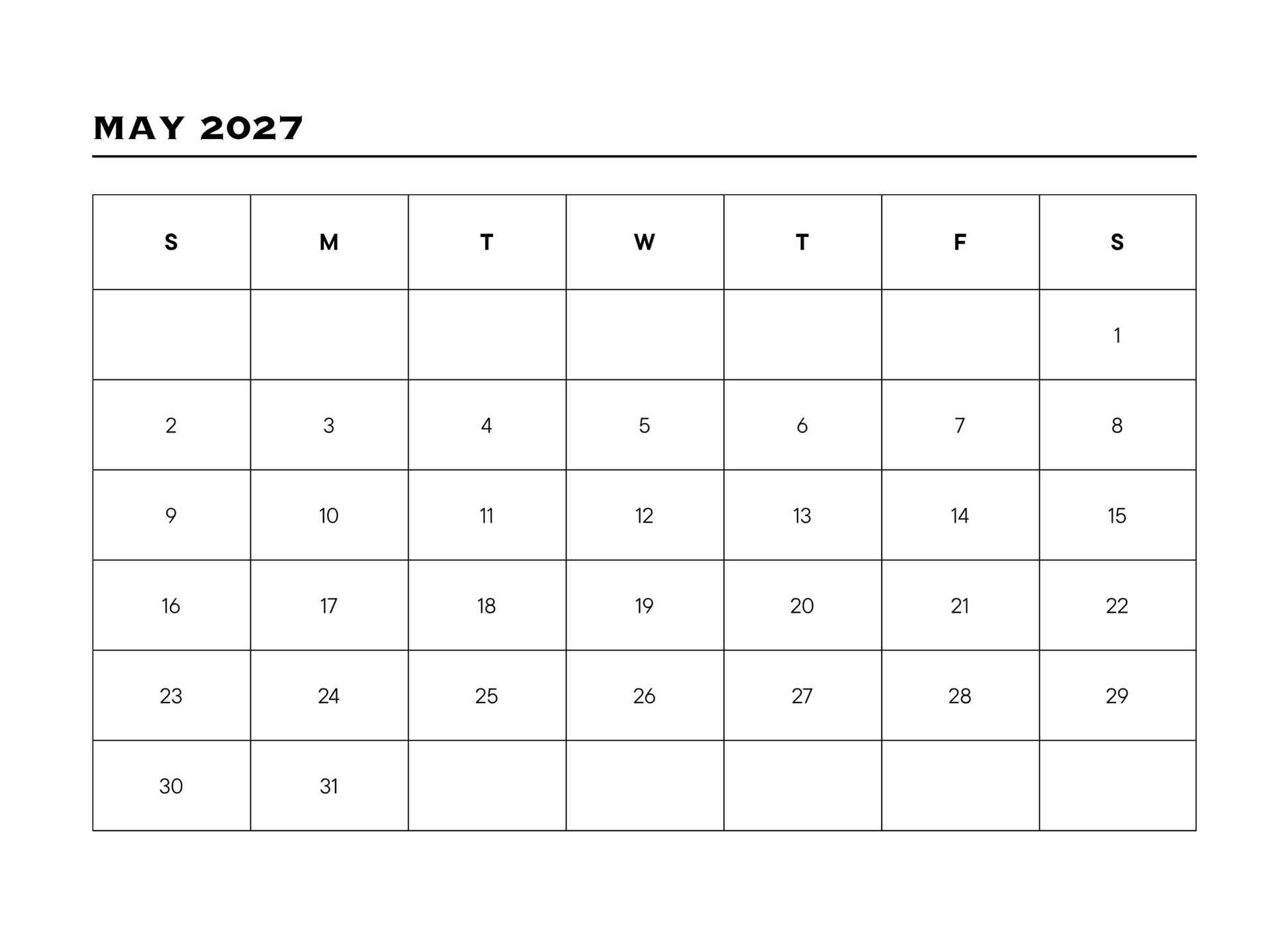Calendar for May 2027 with days of the week labeled.