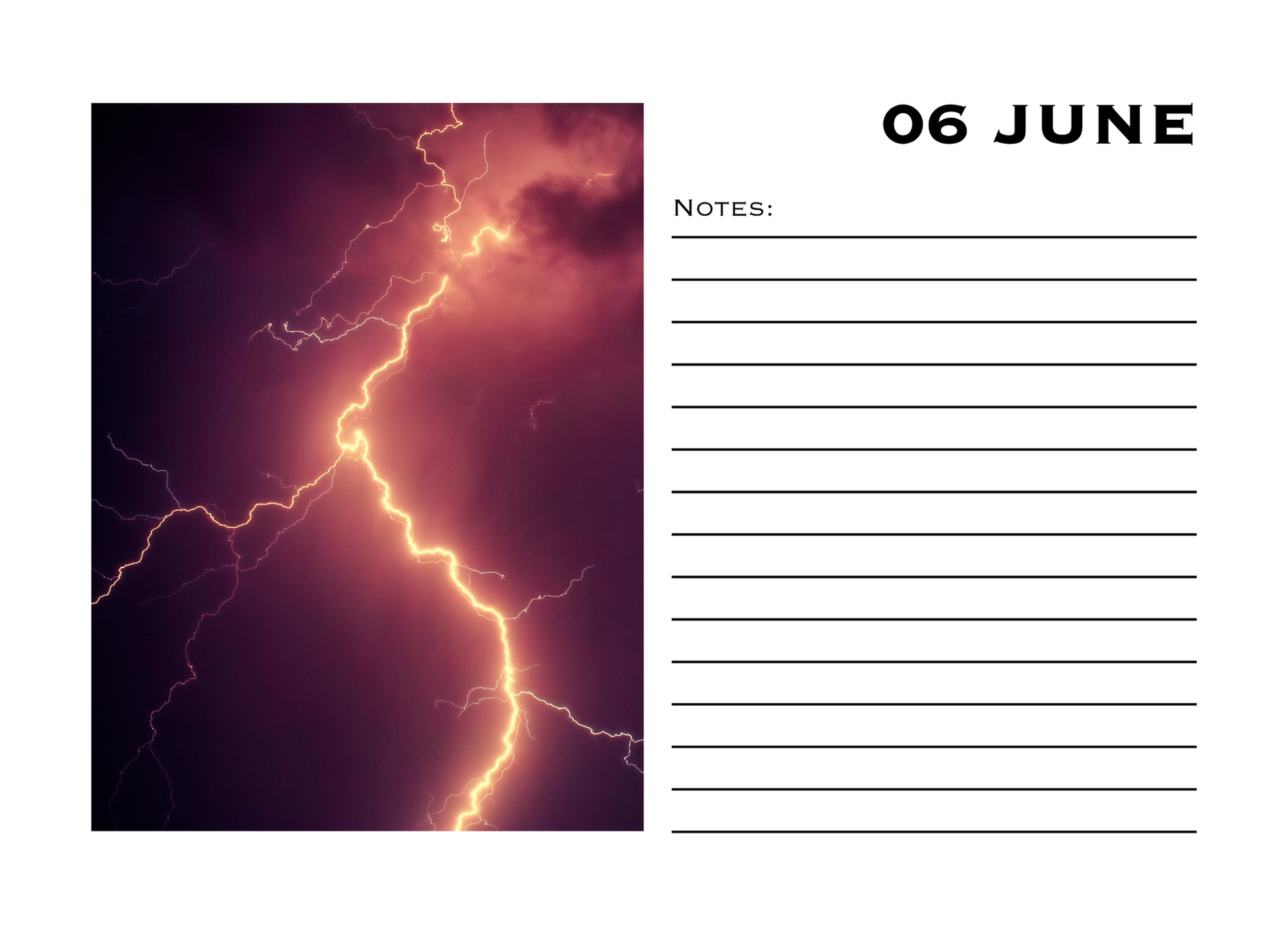 Calendar page with a lightning bolt graphic and June 6th notes section.