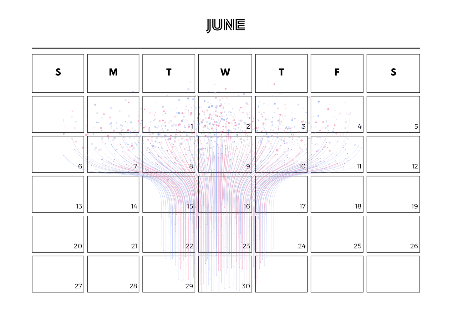 Calendar for June with a abstract design on a white background