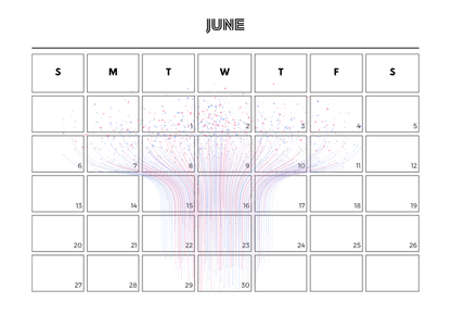 Calendar for June with a abstract design on a white background