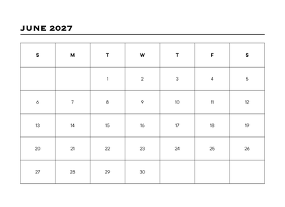 Calendar for June 2027 with days of the week labeled.