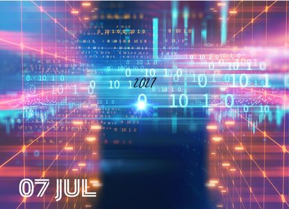 Digital art with binary code and futuristic design elements, featuring the date '07 Jul' and the year '2021'.