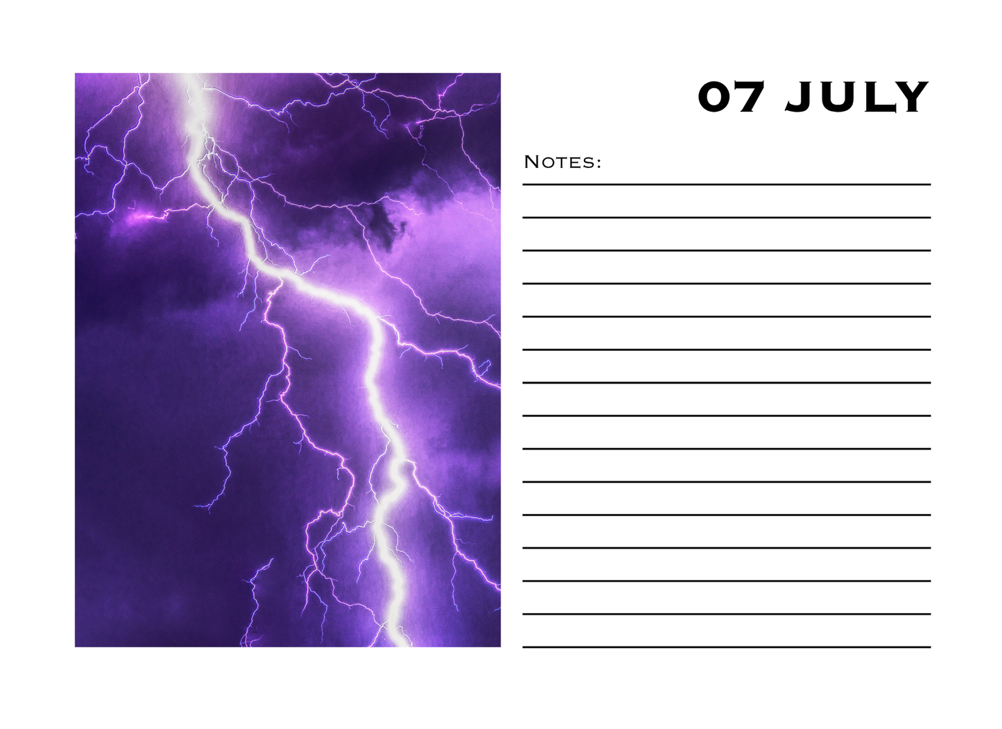 Notebook page with purple lightning design on the left and a notes section on the right for July 7th.