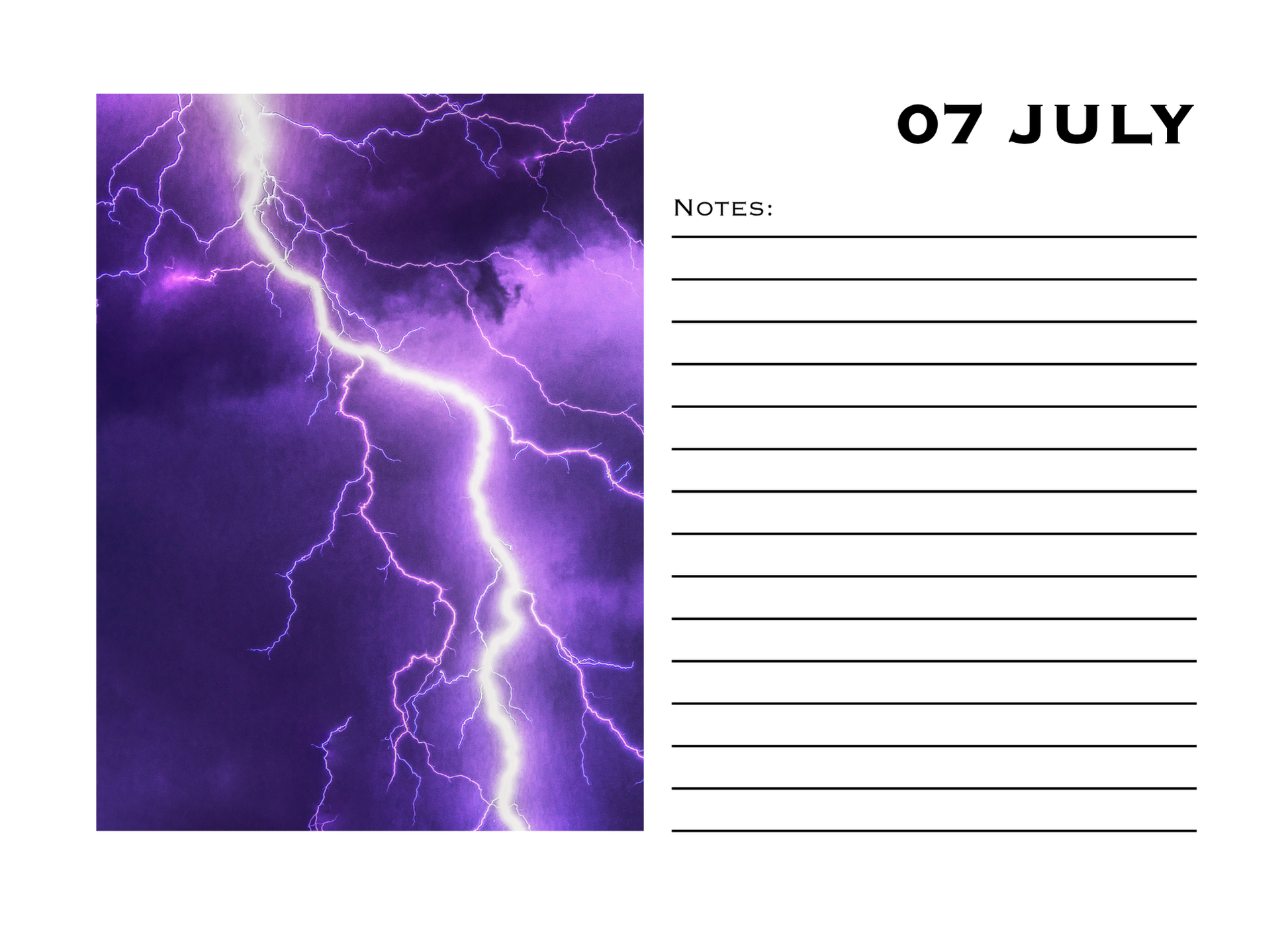 Notebook page with purple lightning design on the left and a notes section on the right for July 7th.