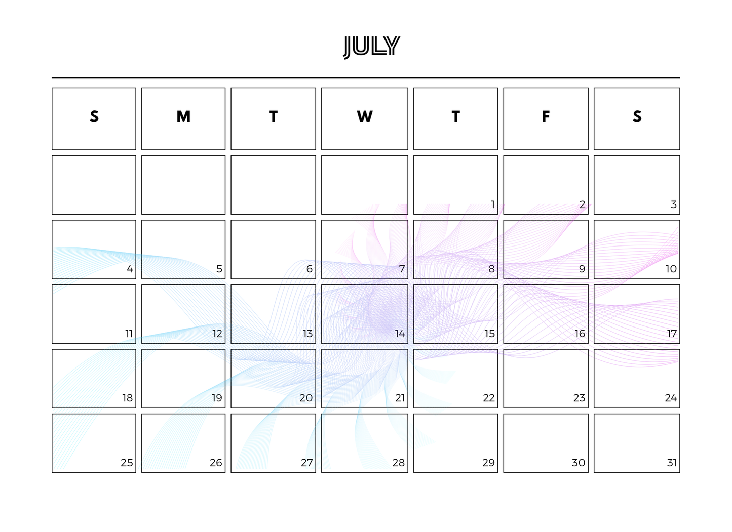 Calendar for July with a light, abstract design on a white background