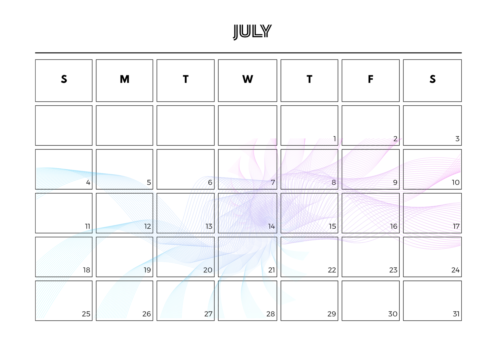 Calendar for July with a light, abstract design on a white background