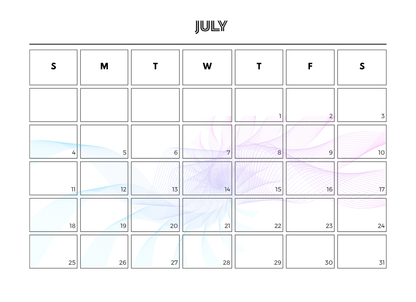 Calendar for July with a light, abstract design on a white background