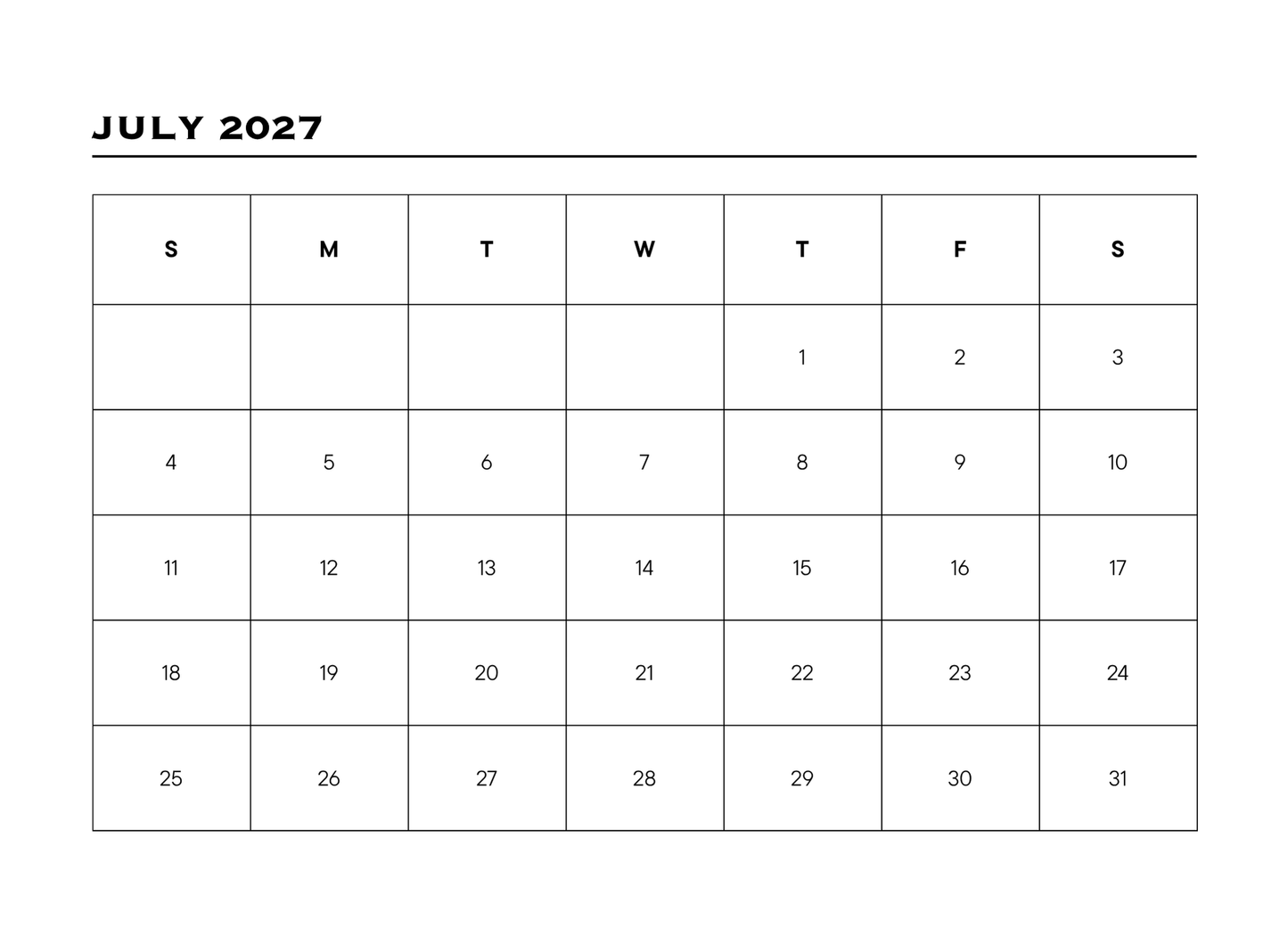 Calendar for July 2027 with days of the week labeled.