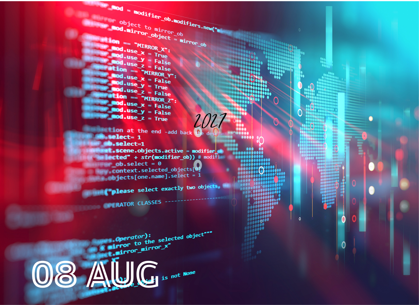 Technical graphic with code and world map, featuring the number 2017 and '08 AUG'.