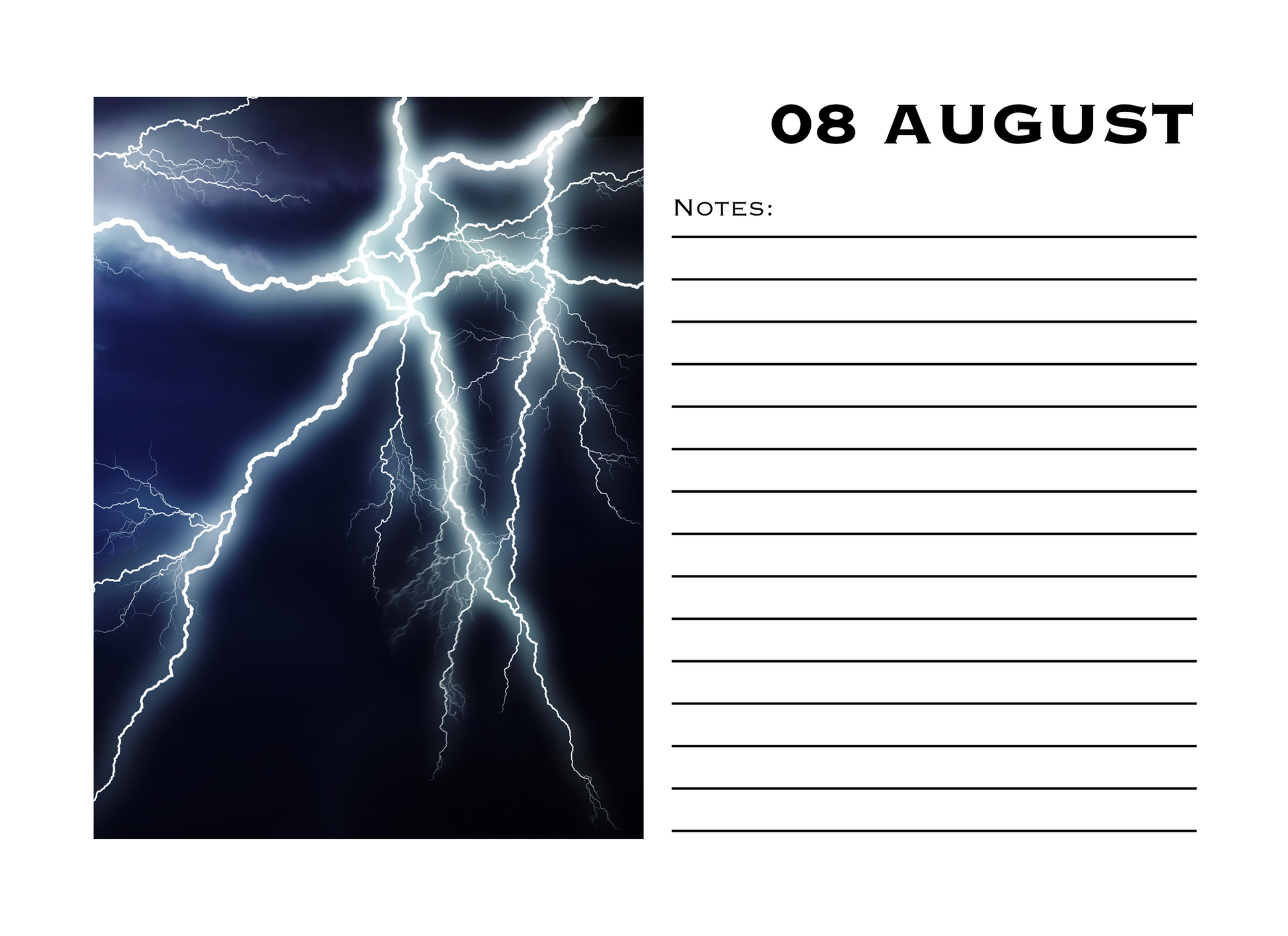 Notebook with lightning design on cover and date '08 August' on the right side.