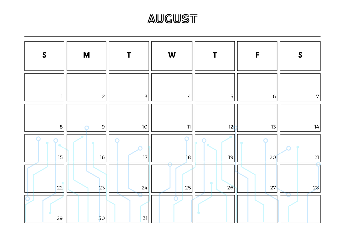 Calendar for August with days of the week labeled