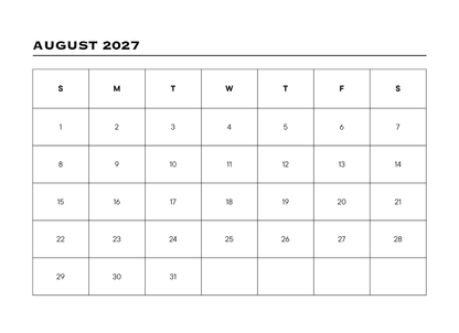 Calendar for August 2027 with days of the week labeled.
