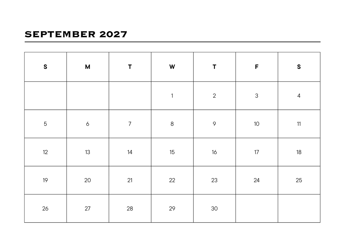 Calendar for September 2027 with days of the week labeled.