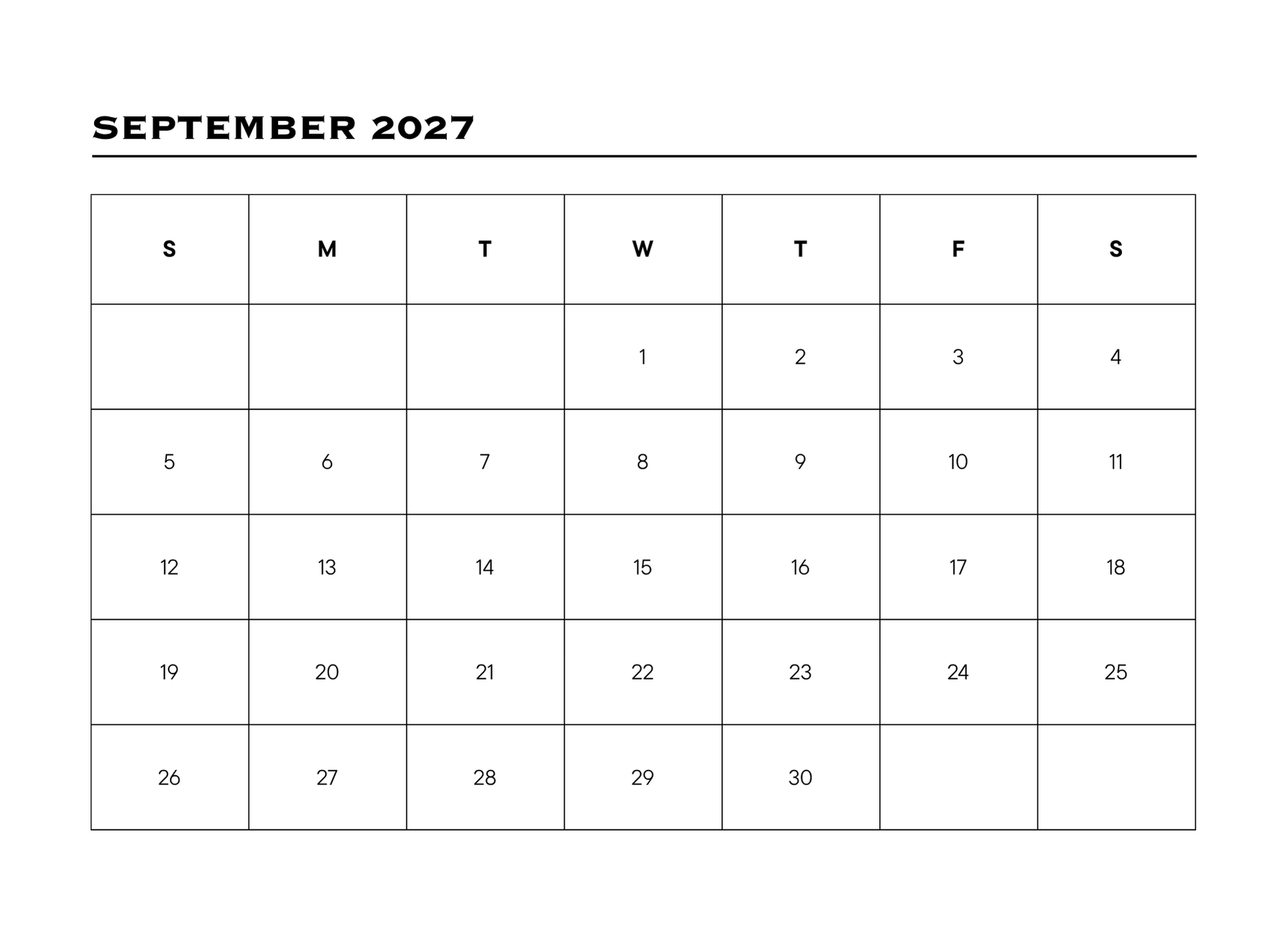 Calendar for September 2027 with days of the week labeled.