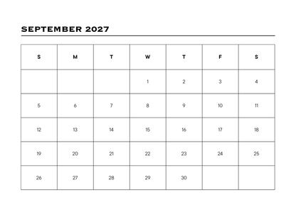 Calendar for September 2027 with days of the week labeled.
