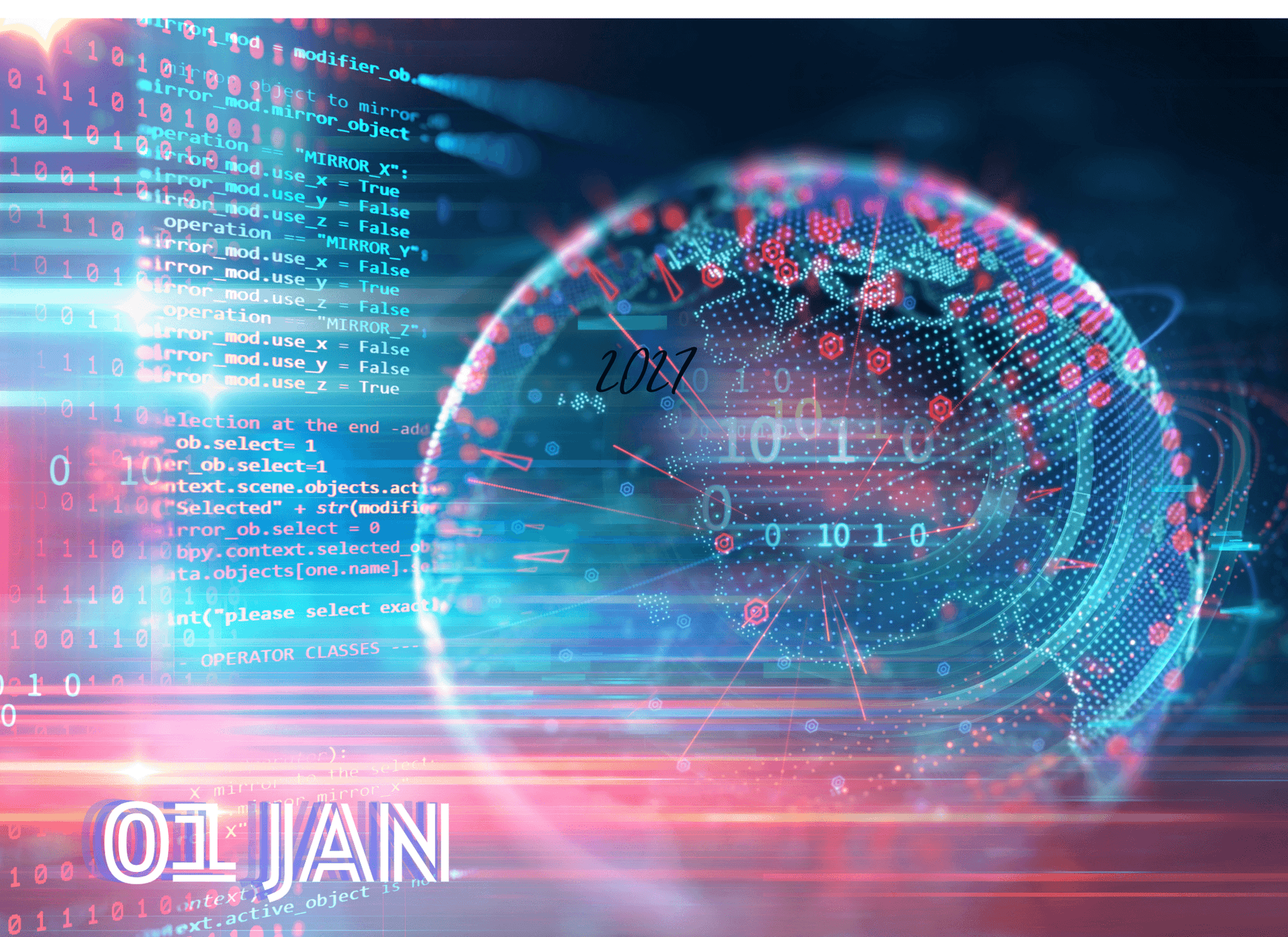 Digital world map with code and date '01 JAN' on a dark background