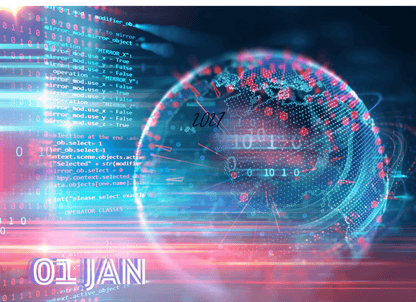 Digital world map with code and date '01 JAN' on a dark background