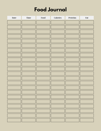 Food journal template with columns for date, time, food, calories, proteins, and fat on a beige background.