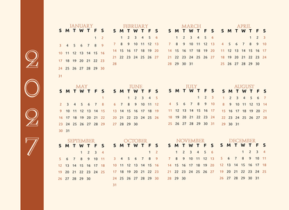 Calendar for the year 2027 with a vintage design on a white background.