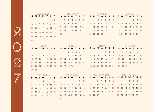 Calendar for the year 2027 with a vintage design on a white background.