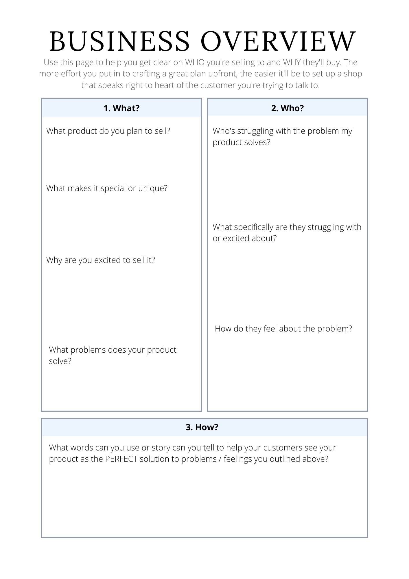 Worksheet titled 'Business Overview' with questions on product planning, target audience, and problem-solving approach.