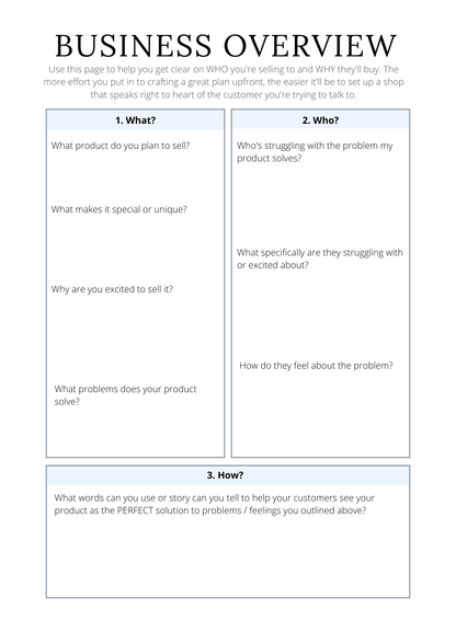 Worksheet titled 'Business Overview' with questions on product planning, target audience, and problem-solving approach.