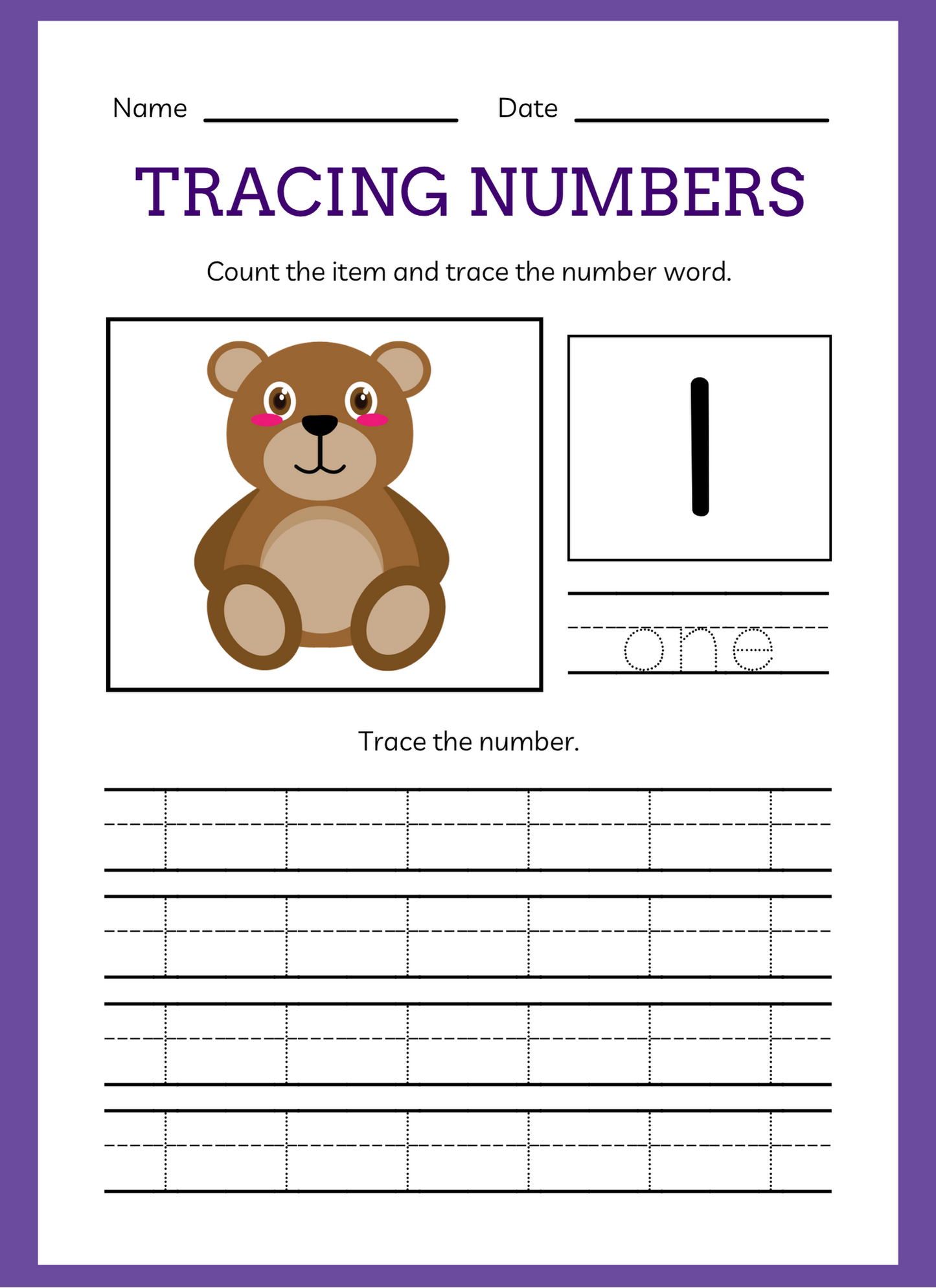 A lined page teaching how to write the number 1 with 1 bear. 