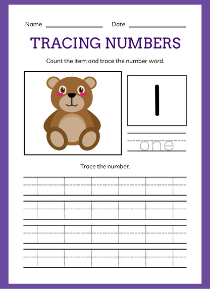 A lined page teaching how to write the number 1 with 1 bear. 