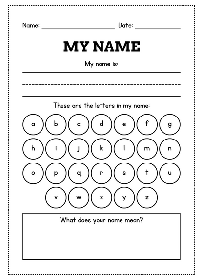 Name tracing worksheet with alphabet letters and space for name meaning