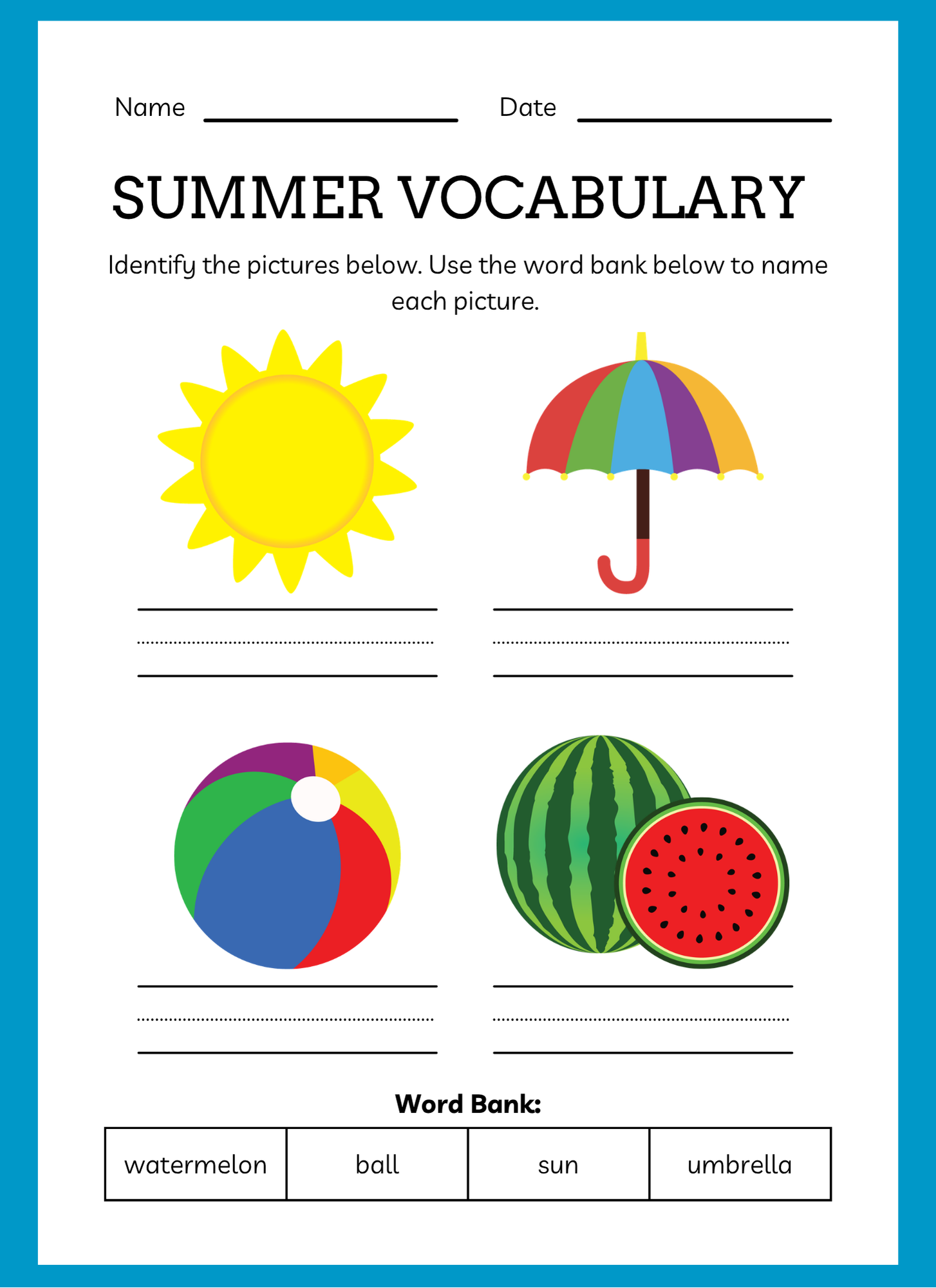 Summer vocabulary worksheet with images of sun, umbrella, ball, and watermelons, and a word bank below.