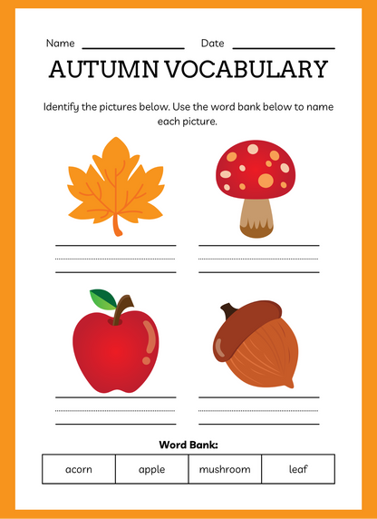 Autumn vocabulary worksheet with illustrations of a leaf, mushroom, apple, and acorn on an orange border.