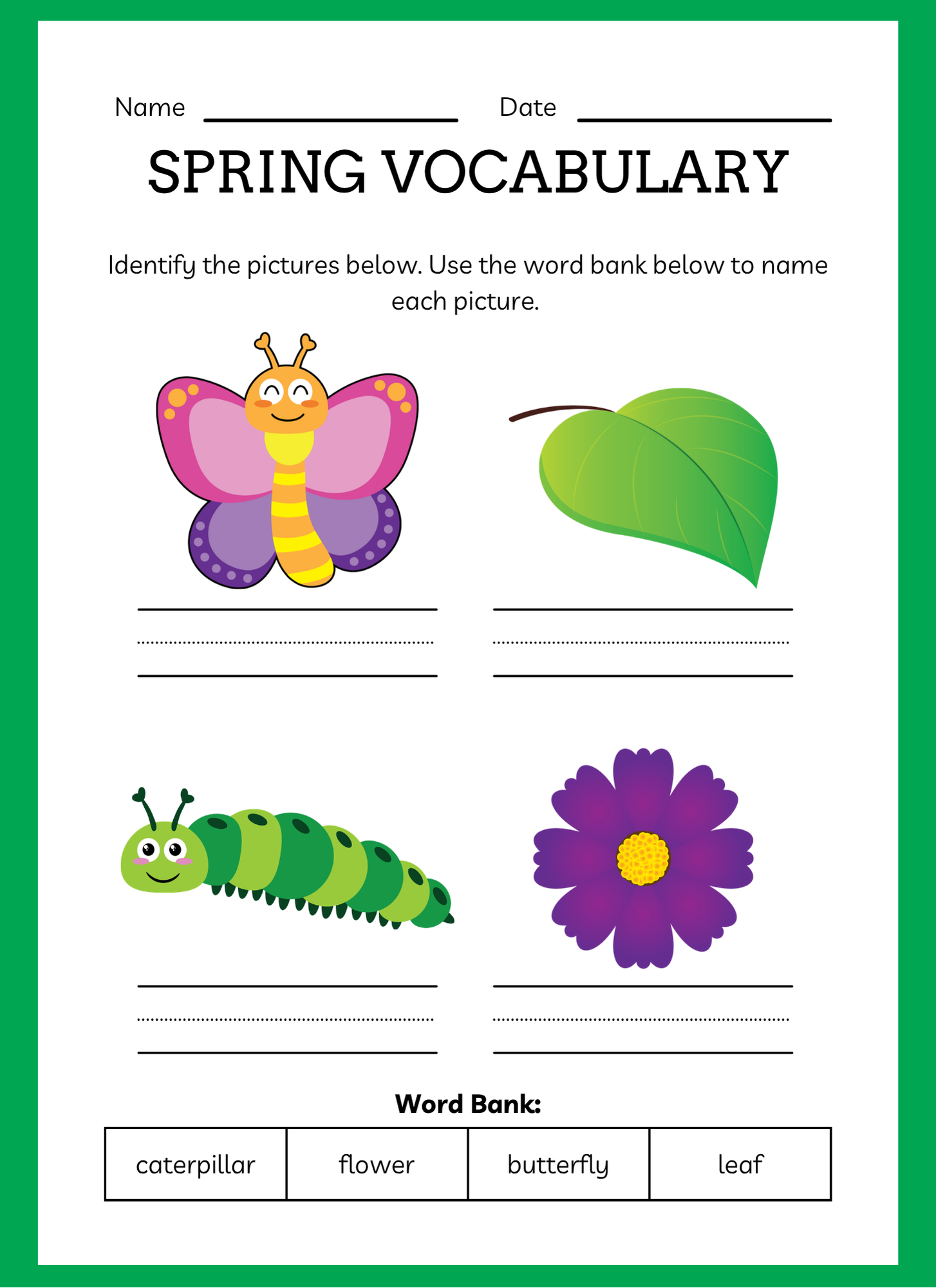 Spring vocabulary worksheet with illustrations of a butterfly, leaf, caterpillar, and flower, and a word bank below.