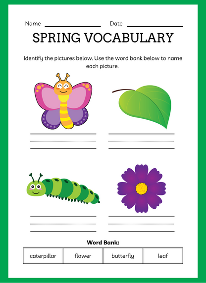 Spring vocabulary worksheet with illustrations of a butterfly, leaf, caterpillar, and flower, and a word bank below.