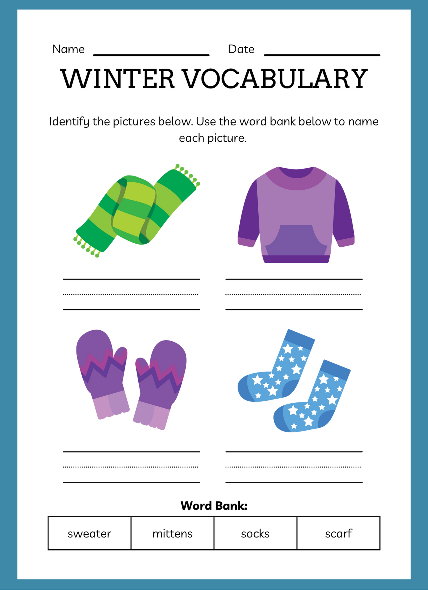 Winter vocabulary worksheet with illustrations of a scarf, sweater, mittens, and socks, and a word bank below.