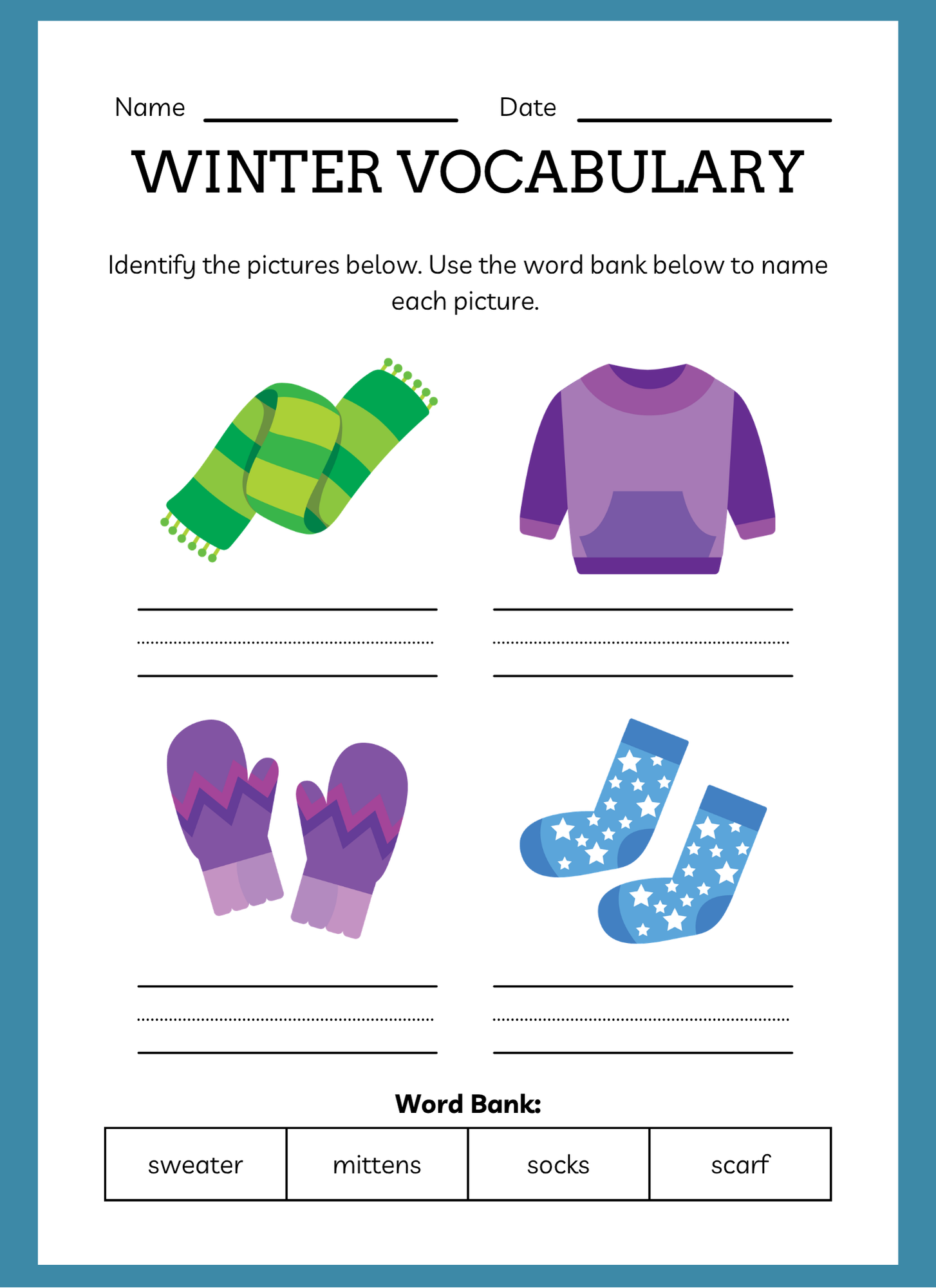 Winter vocabulary worksheet with illustrations of a scarf, sweater, mittens, and socks, and a word bank below.
