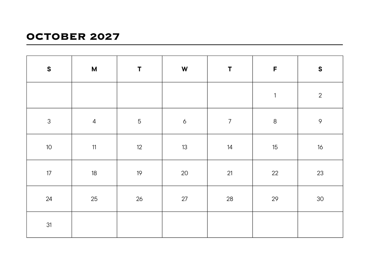 Calendar for October 2027 with days of the week labeled.